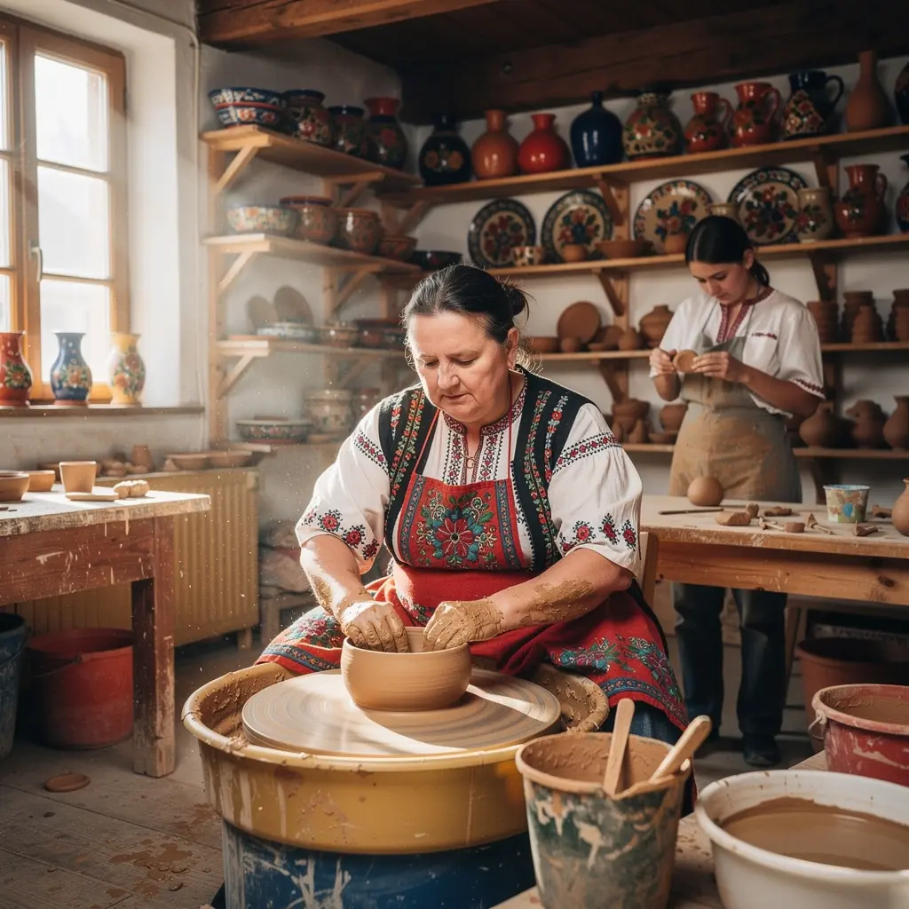 A picturesque view of a reconstructed village, depicting daily life in Slovakia during the 19th century, with authentic buildings and tools.
